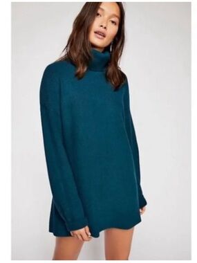 Free People Softly Structured Knit Tunic Deep Jade Oversized Ribbed Sweater M